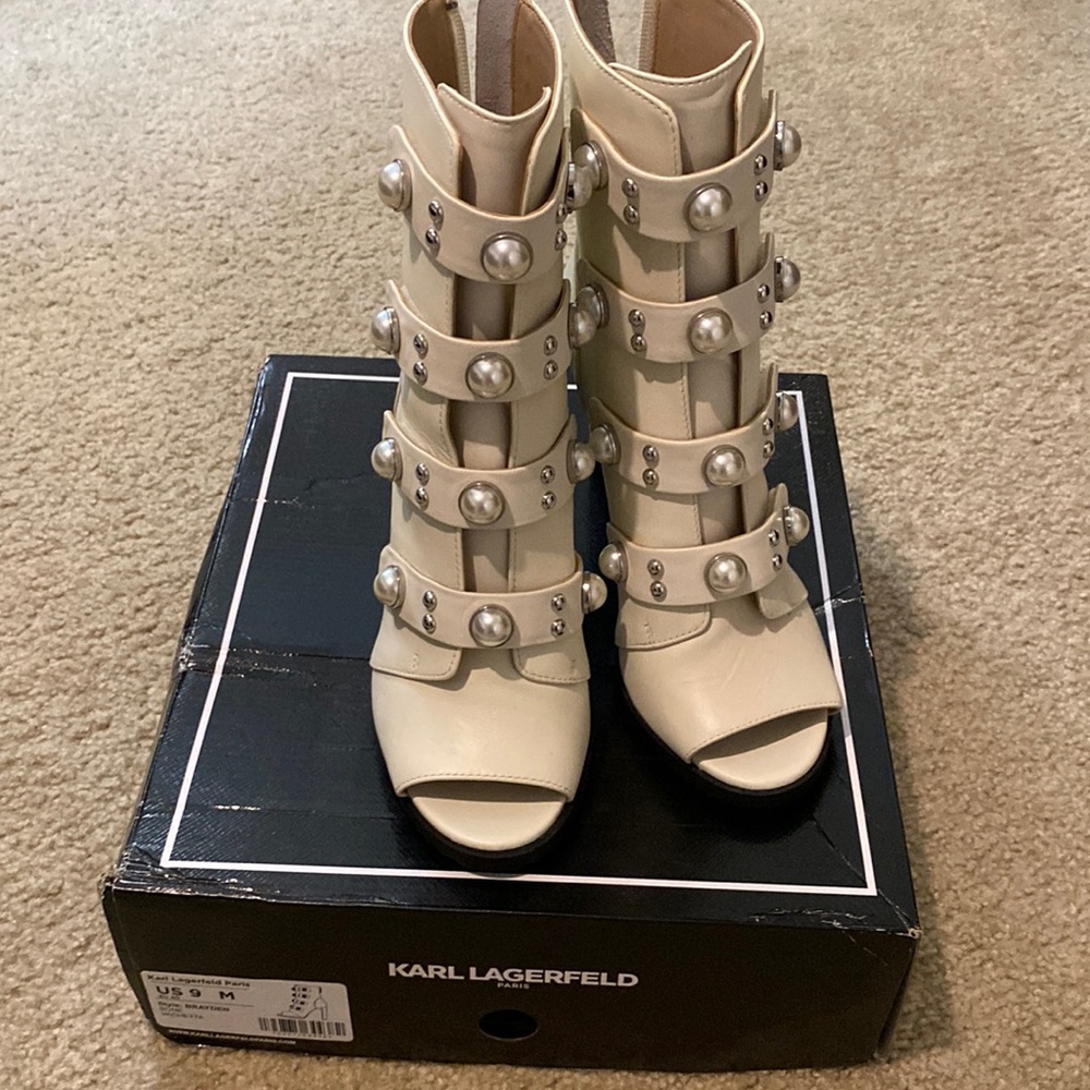 Karl Lagerfeld open toe Cream color with Pearls booties.